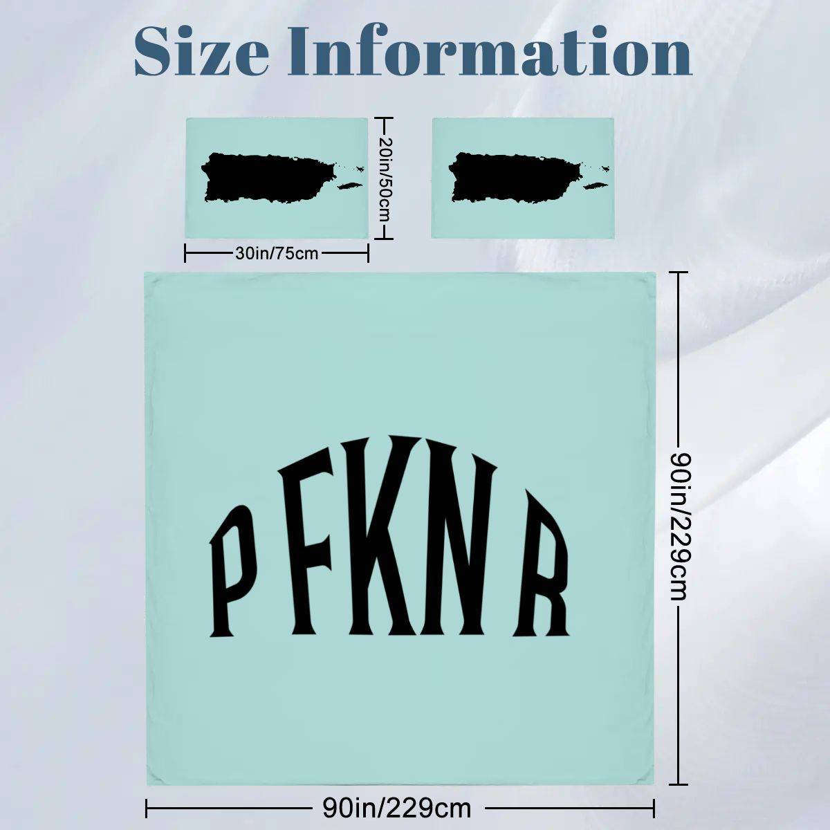 Size chart for Puerto Rico queen duvet cover set, 90x90 inches with 30x20 inch pillowcases. Fits most queen beds perfectly.
