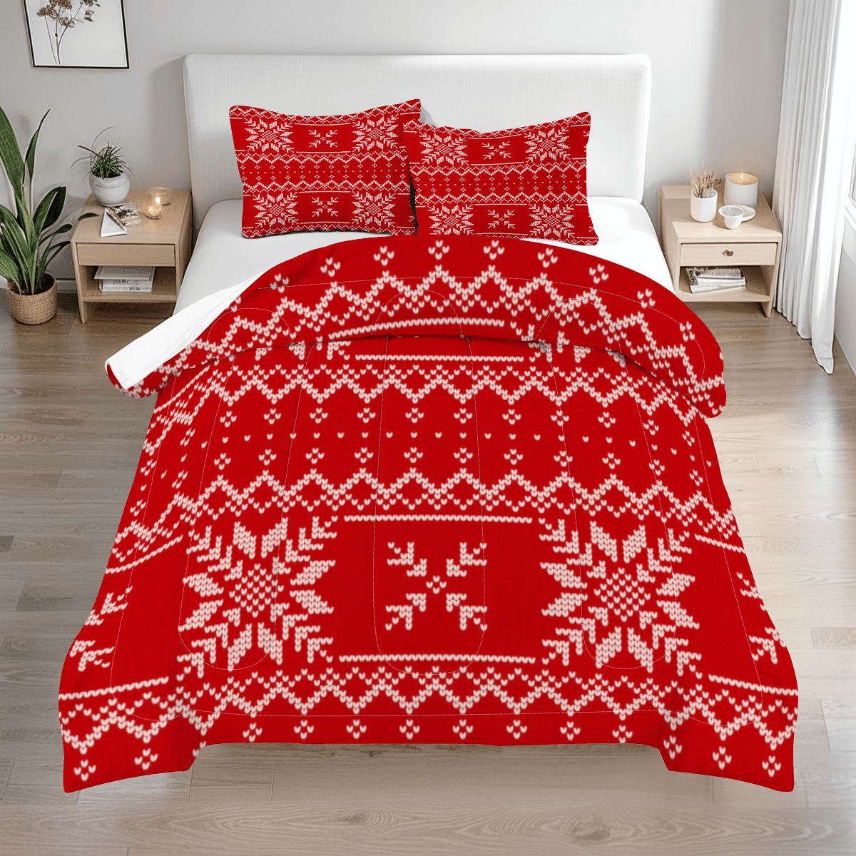 Festive Red Snowflake Bedding – Queen Size Comforter Set