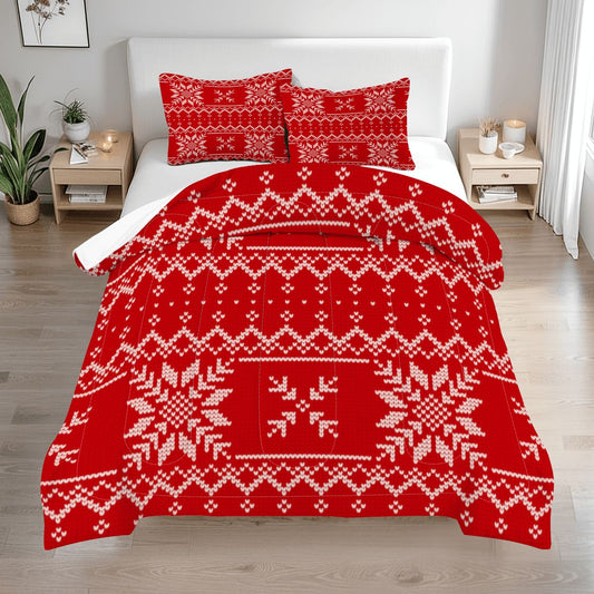 Festive Red Snowflake Bedding – Queen Size Comforter Set