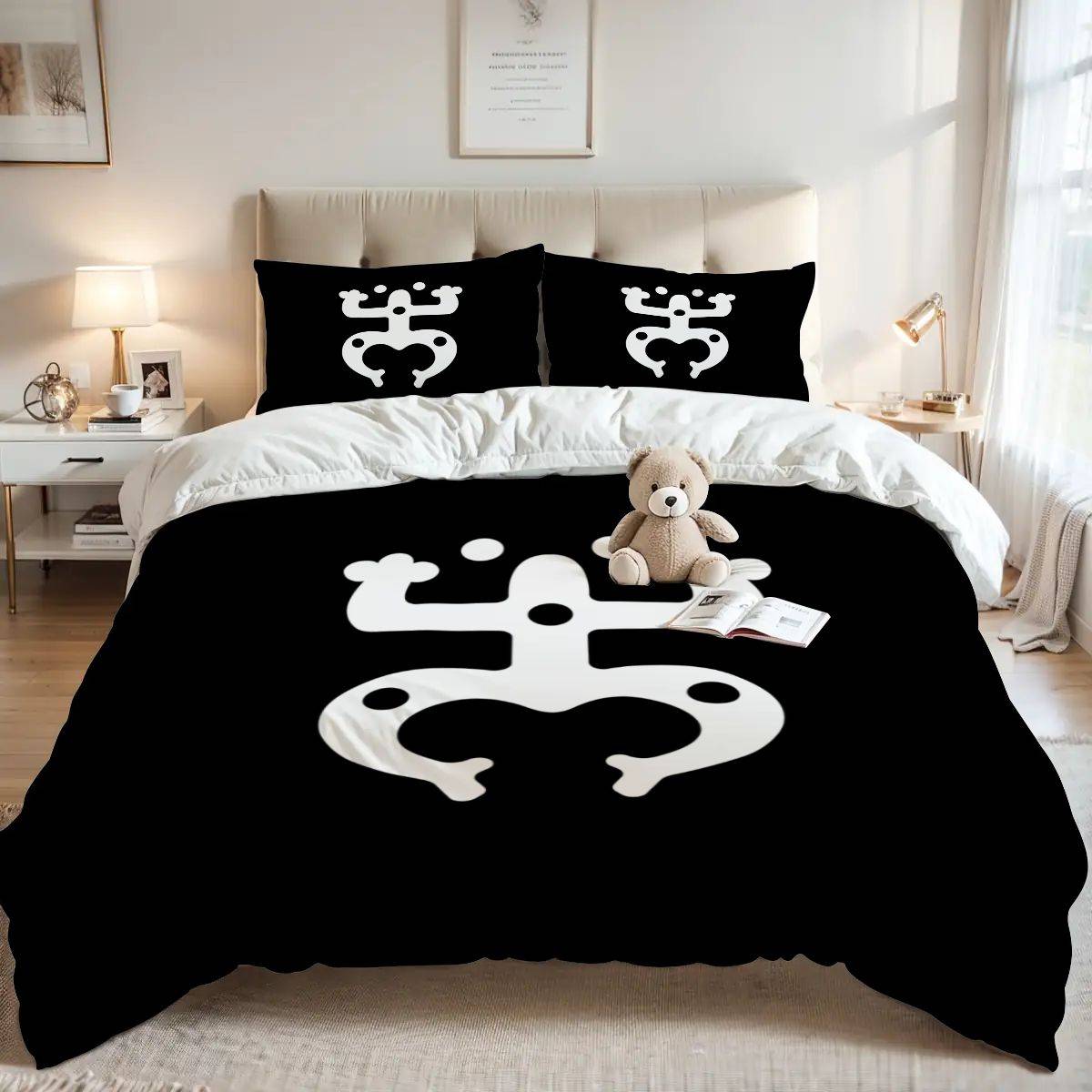 Taino Coquí Queen Duvet Cover Set – White & Black Puerto Rican Heritage Bedding