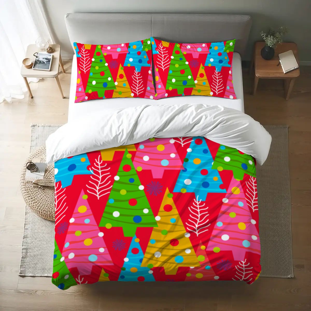 Colorful Christmas Tree Queen Duvet Cover Set – Festive Holiday Vibes