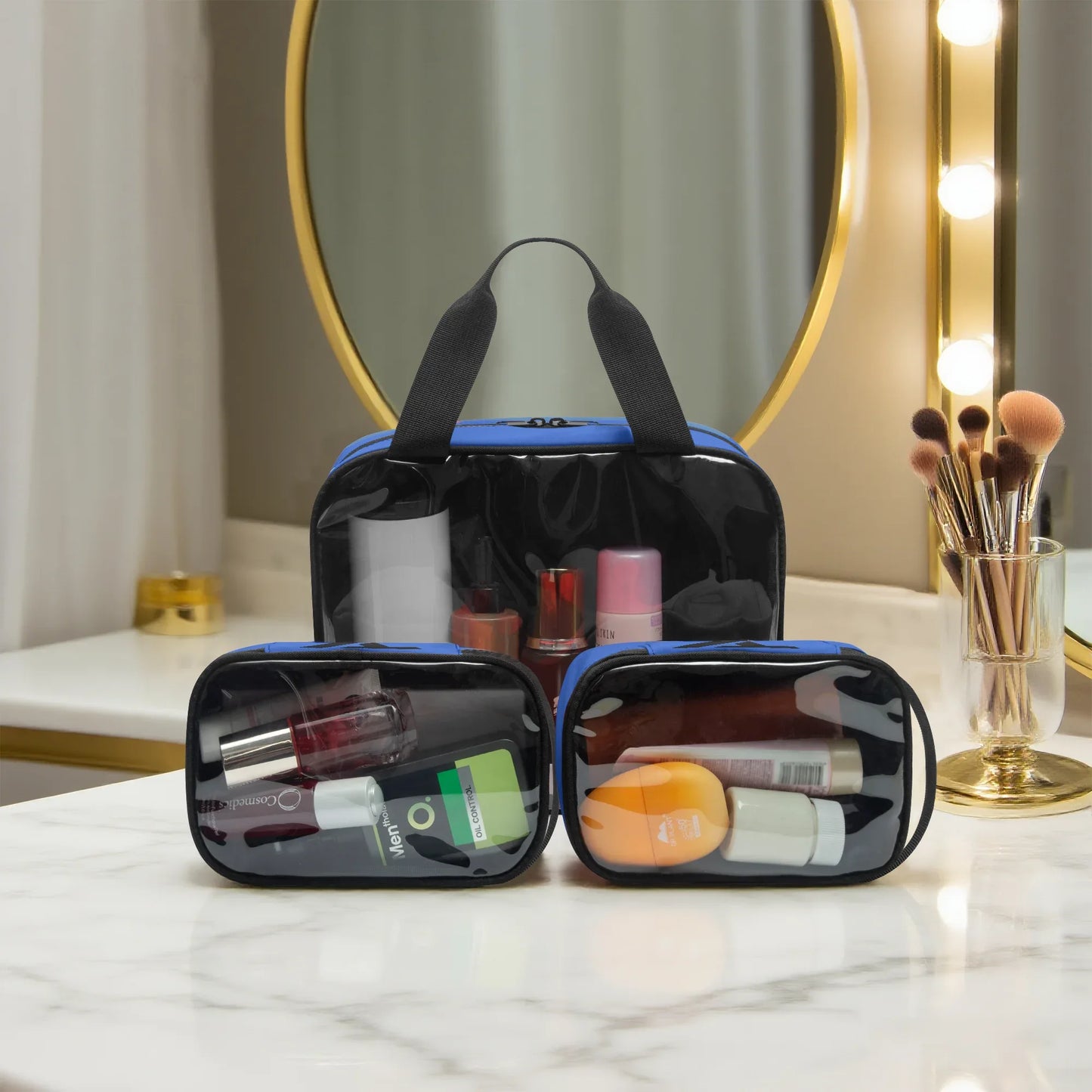 3-Piece Clear Travel Toiletry Organizer Set - Waterproof PVC Bags - TeeVoke