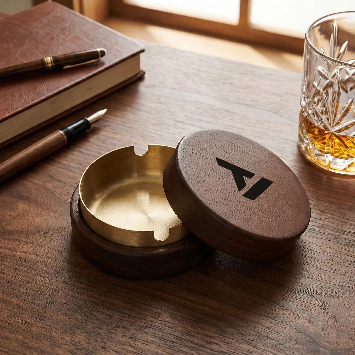 Classic Round Wooden Ashtray - Natural Wood with Metal Liner - TeeVoke