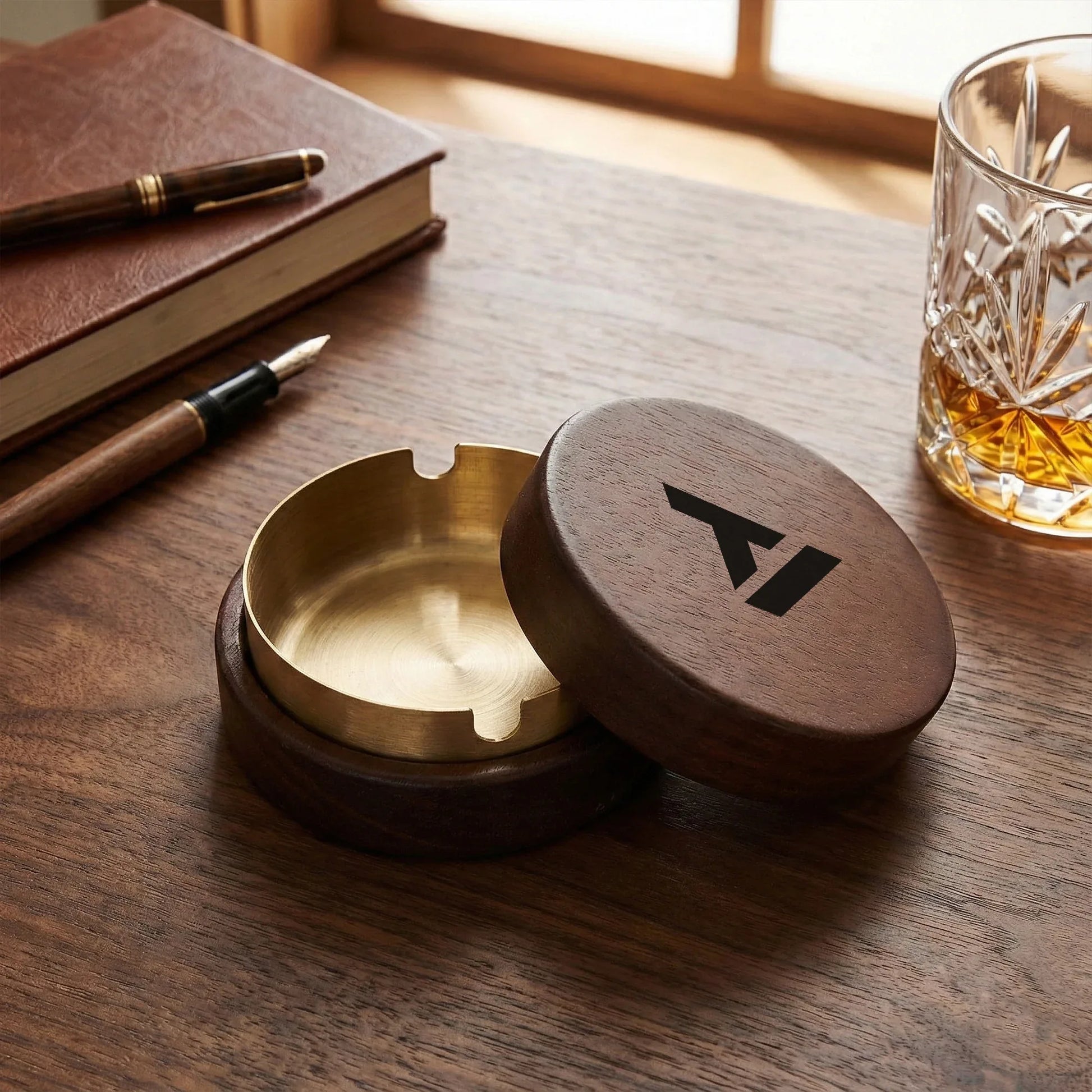 Classic Round Wooden Ashtray - Natural Wood with Metal Liner - TeeVoke