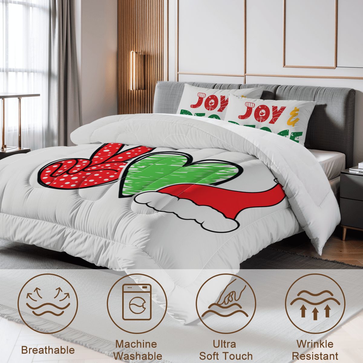 Holiday Comforter Set – Peace & Santa Queen Size Bedding
