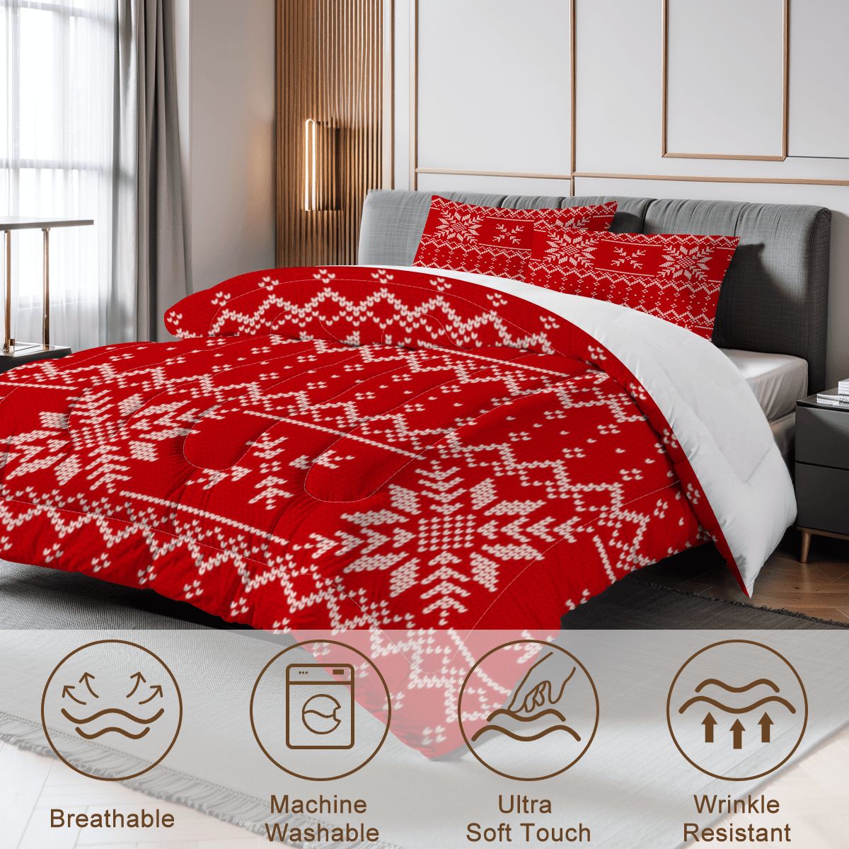 Festive Red Snowflake Bedding – Queen Size Comforter Set