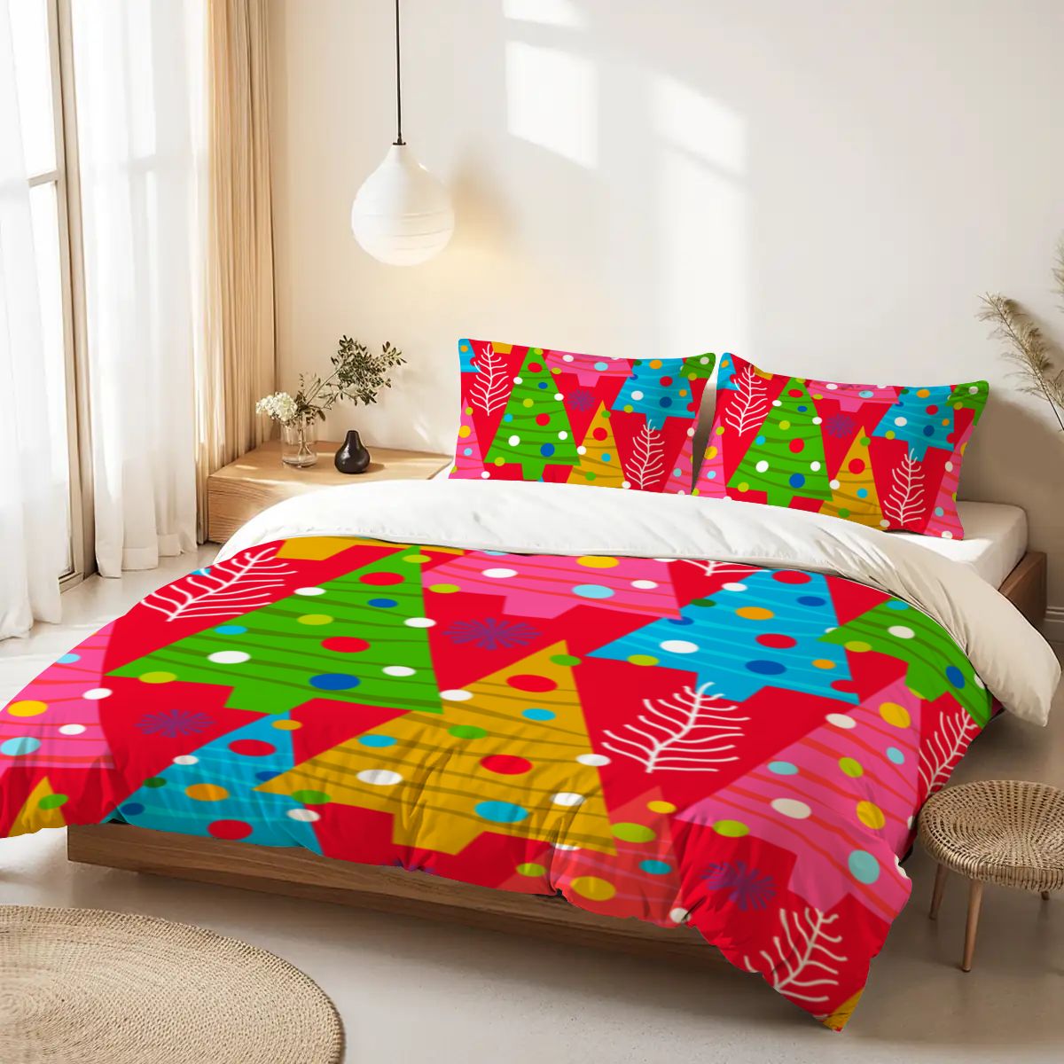 Colorful Christmas Tree Queen Duvet Cover Set – Festive Holiday Vibes