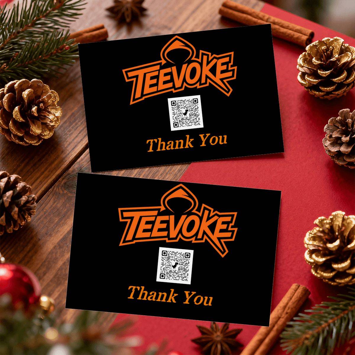 Teevoke thank you cards with QR code for Puerto Rico duvet cover orders. Holiday-themed branding for customer appreciation.