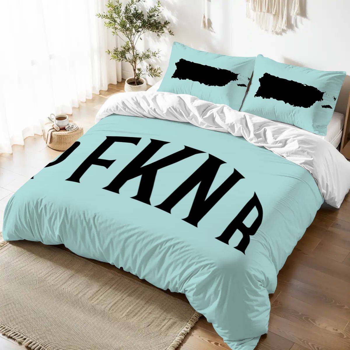 Queen size Puerto Rico duvet cover set in aqua blue with PFKNR print and matching map pillowcases. Soft, stylish bedding for home decor.