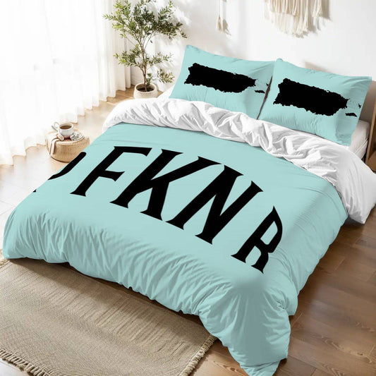 Queen size Puerto Rico duvet cover set in aqua blue with PFKNR print and matching map pillowcases. Soft, stylish bedding for home decor.