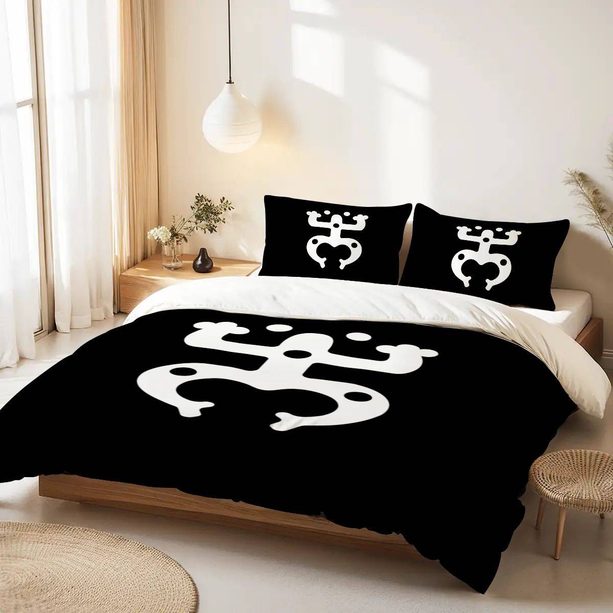 Taino Coquí Queen Duvet Cover Set – White & Black Puerto Rican Heritage Bedding