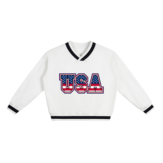 Women's V-Neck Boxy Sweatshirt with Contrast Collar for Stylish Comfort