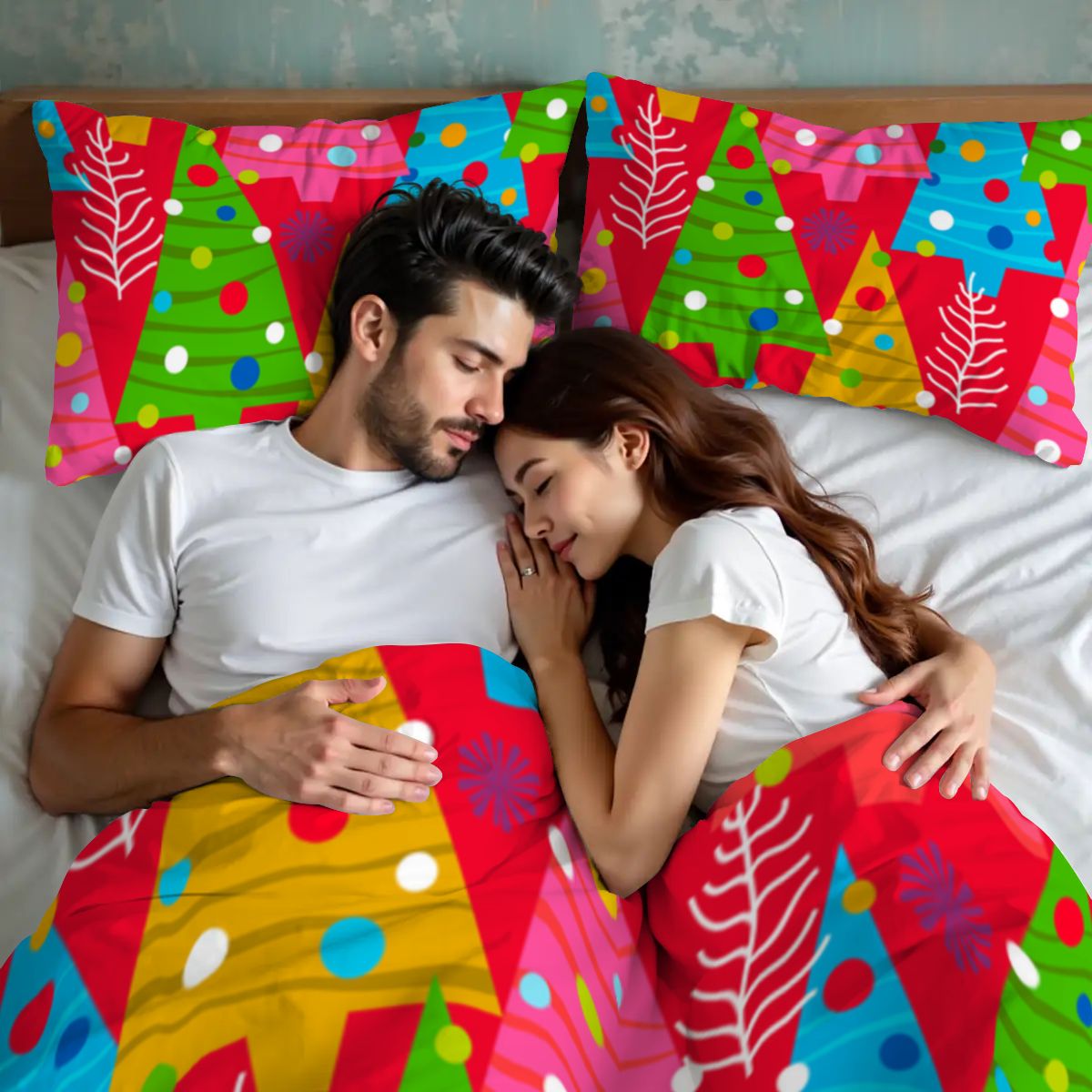 Colorful Christmas Tree Queen Duvet Cover Set – Festive Holiday Vibes