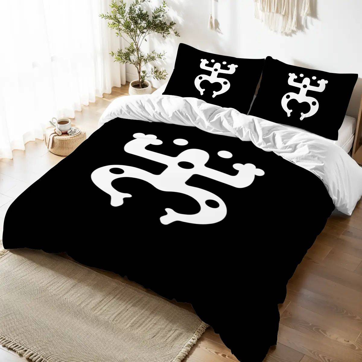 Taino Coquí Queen Duvet Cover Set – White & Black Puerto Rican Heritage Bedding