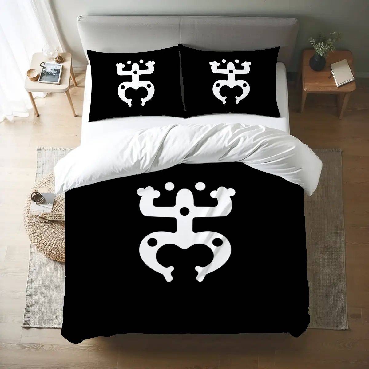 Taino Coquí Queen Duvet Cover Set – White & Black Puerto Rican Heritage Bedding