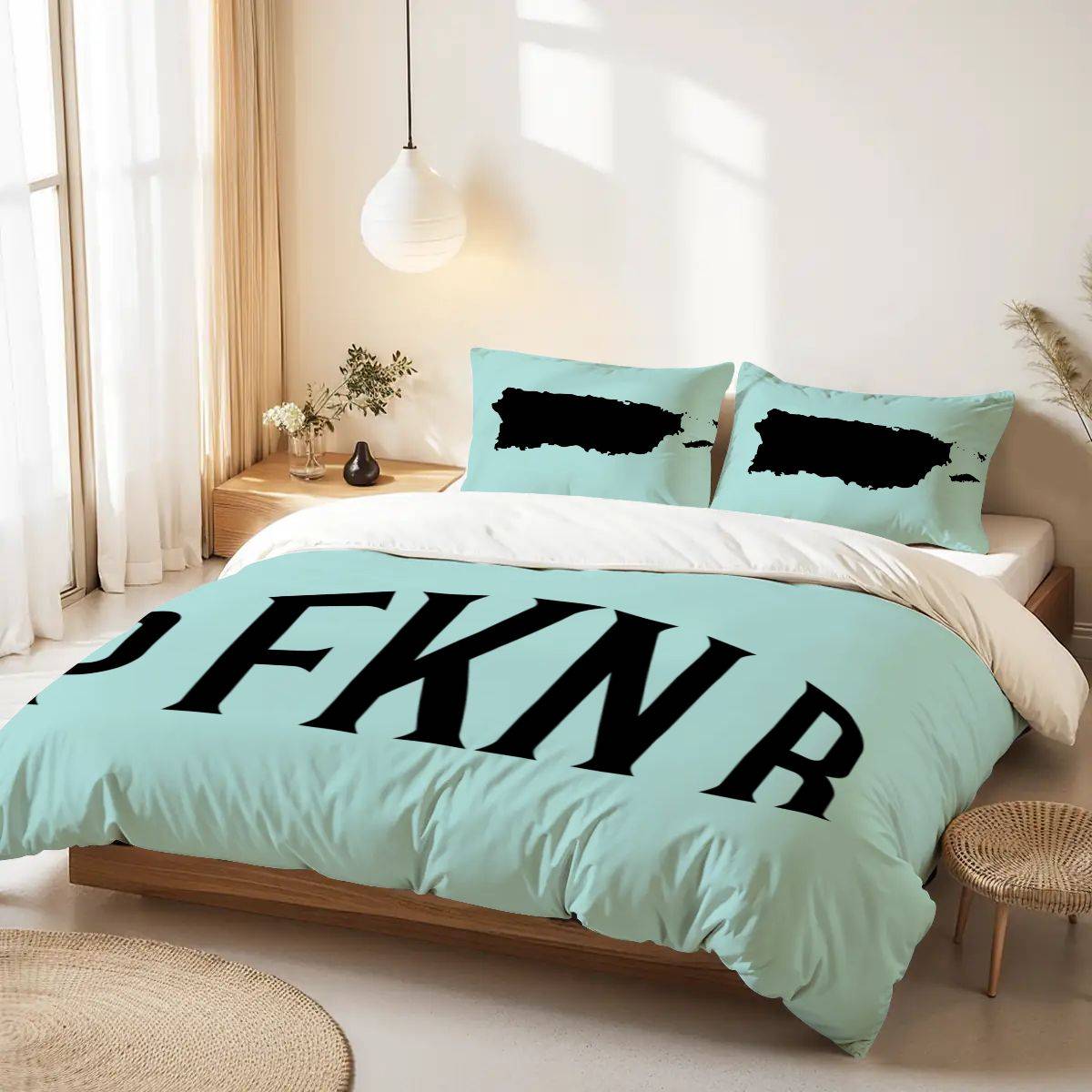 Queen duvet cover Puerto Rico design featuring bold black PFKNR letters and map pillowcases. Perfect for modern bedroom decor.