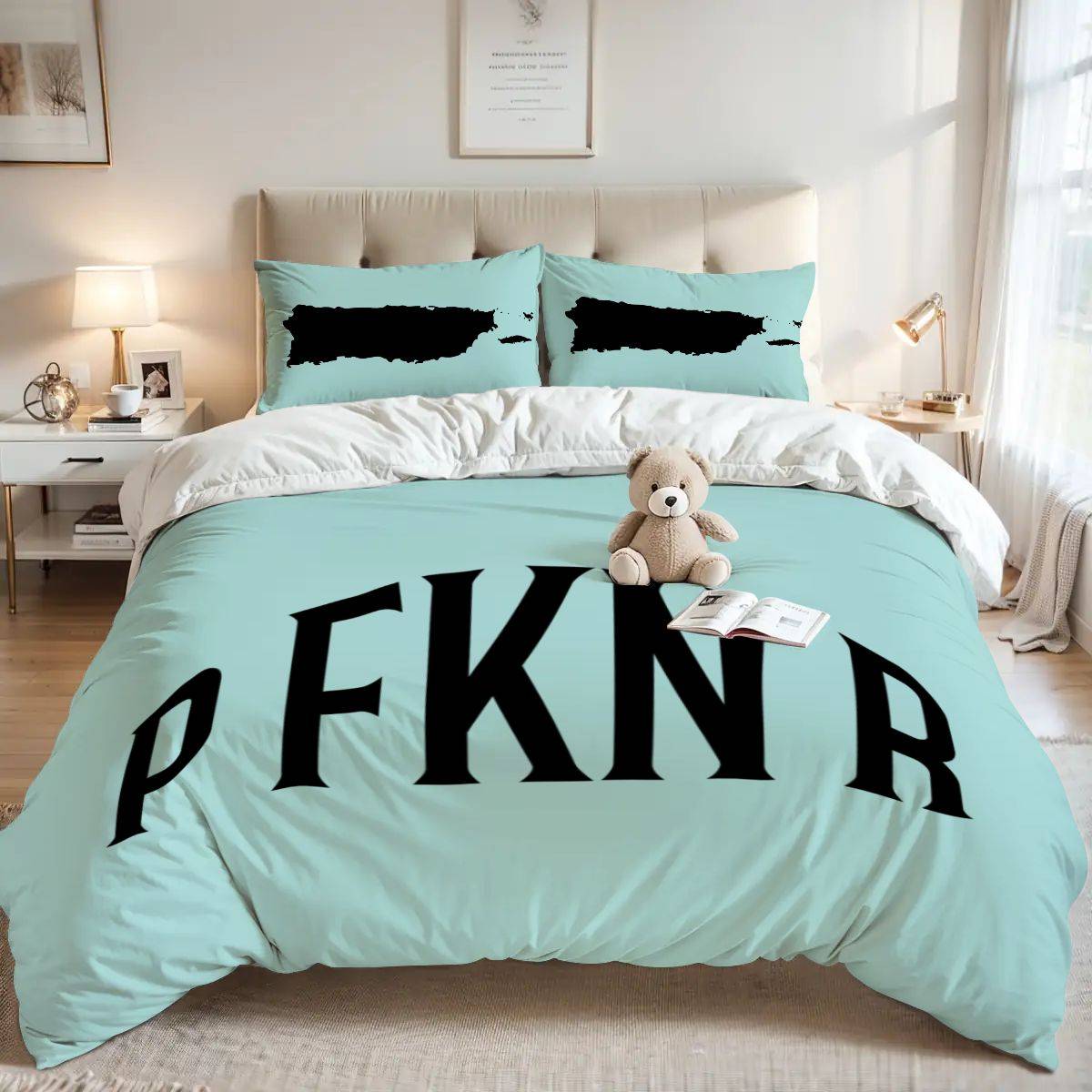 Puerto Rico themed queen duvet cover set with PFKNR design and map pillowcases. Cozy and decorative bedding for bedroom upgrades.