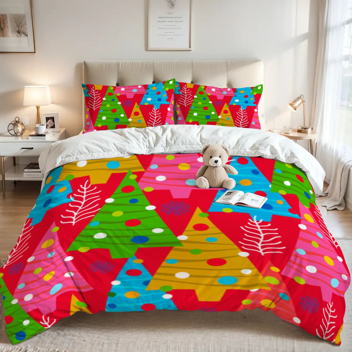 Colorful Christmas Tree Queen Duvet Cover Set – Festive Holiday Vibes