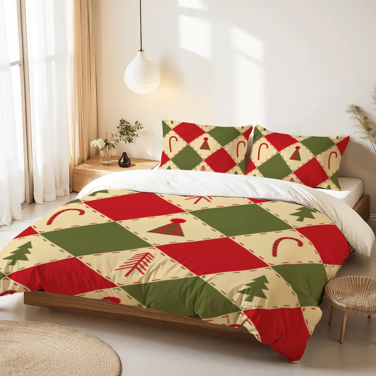 Colorful Christmas Tree Queen Duvet Cover Set – Festive Holiday Vibes