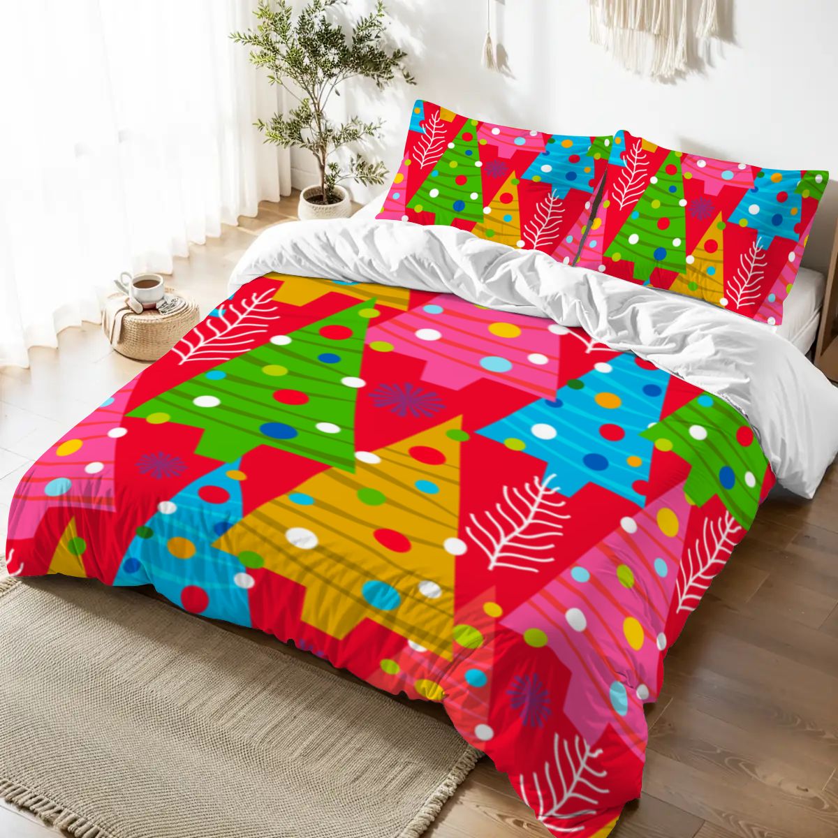 Colorful Christmas Tree Queen Duvet Cover Set – Festive Holiday Vibes