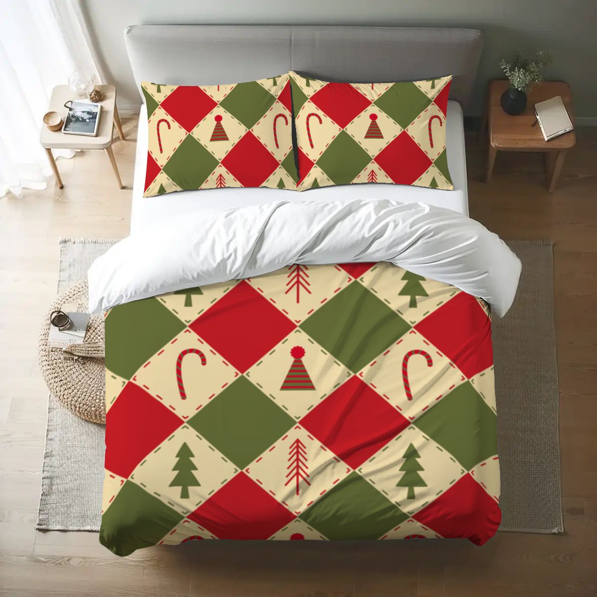 Colorful Christmas Tree Queen Duvet Cover Set – Festive Holiday Vibes