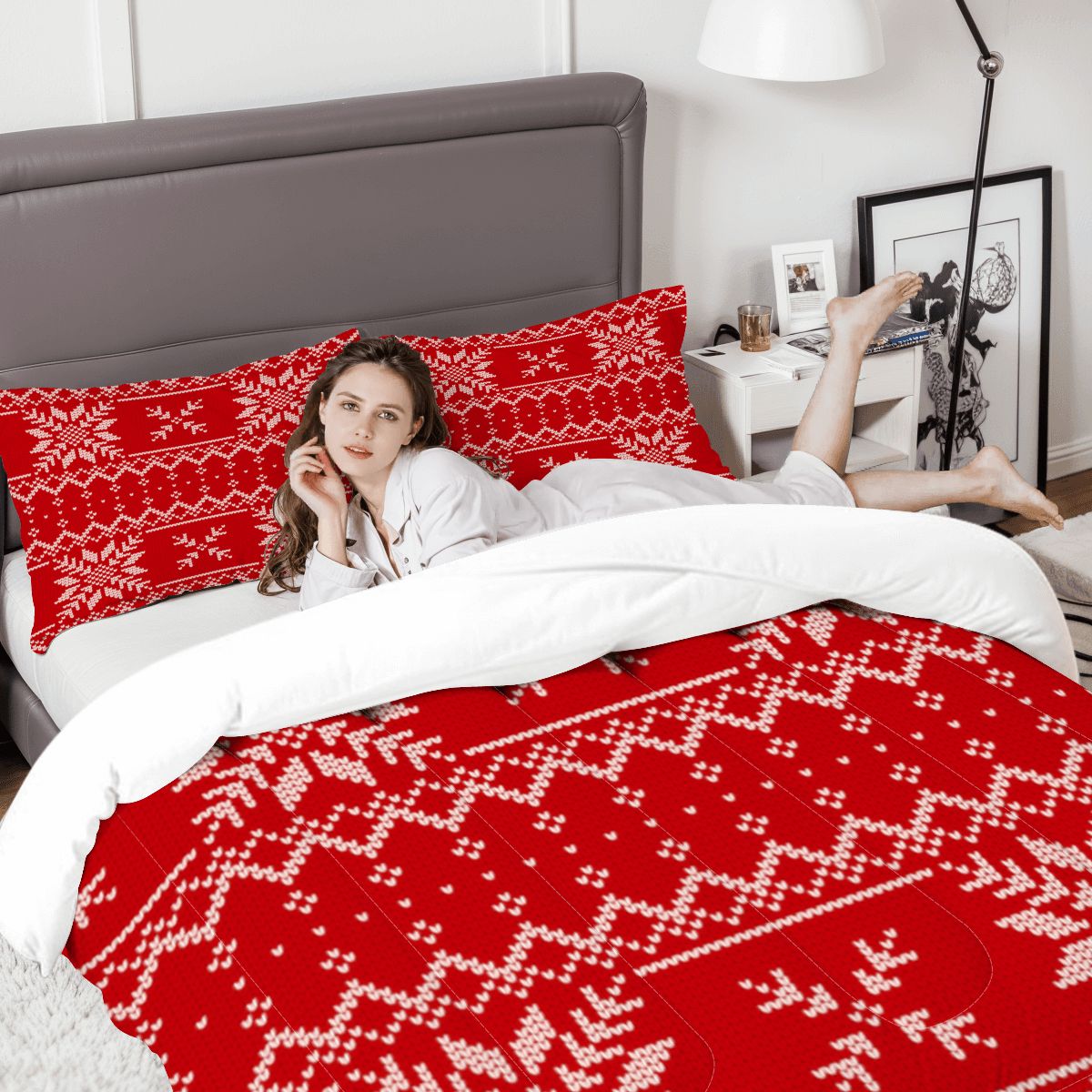 Festive Red Snowflake Bedding – Queen Size Comforter Set