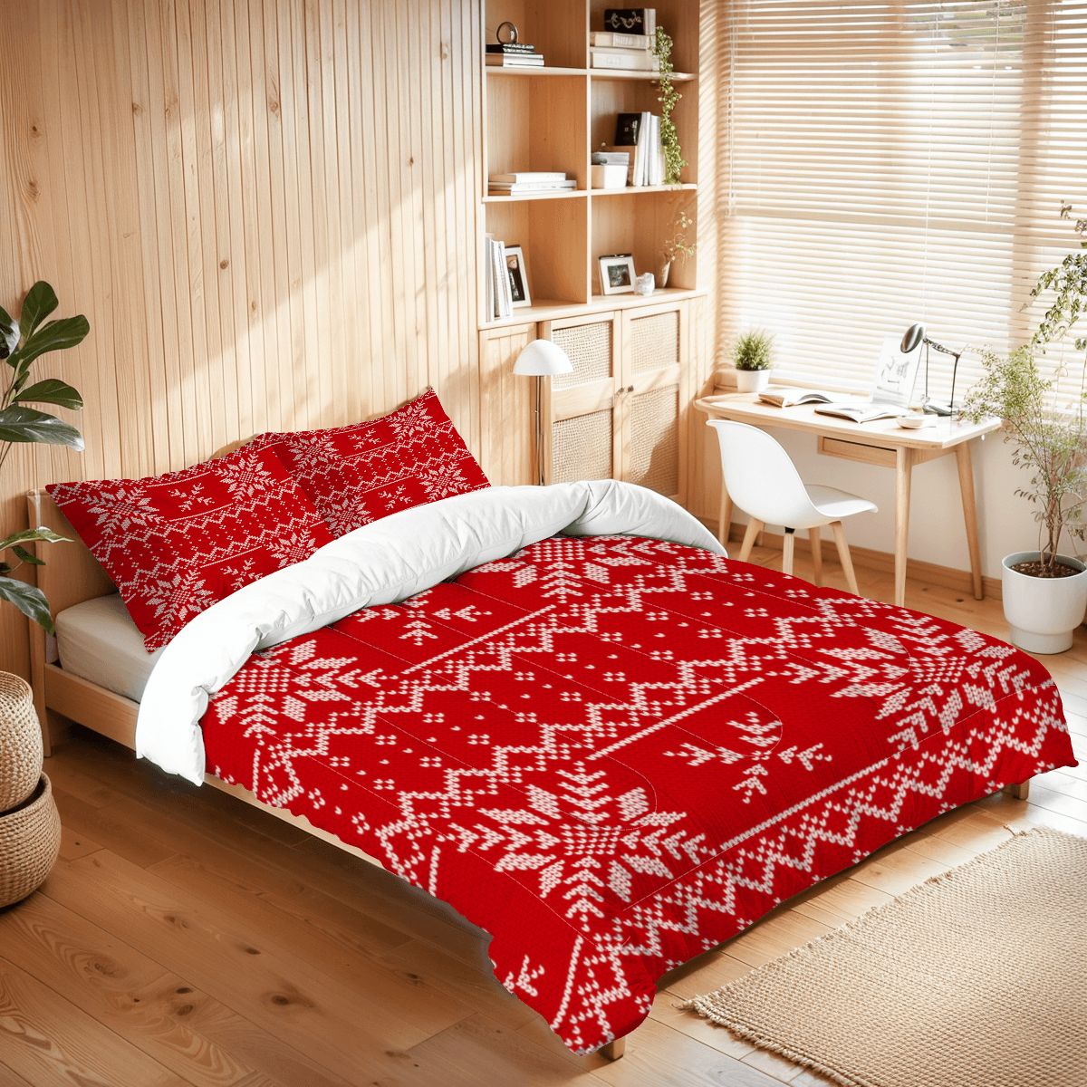 Festive Red Snowflake Bedding – Queen Size Comforter Set