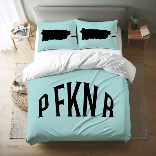 Shop Queen Duvet Cover Puerto Rico with bold PFKNR lettering and black Puerto Rico map pillowcases. Ideal bedroom decor gift for holidays.