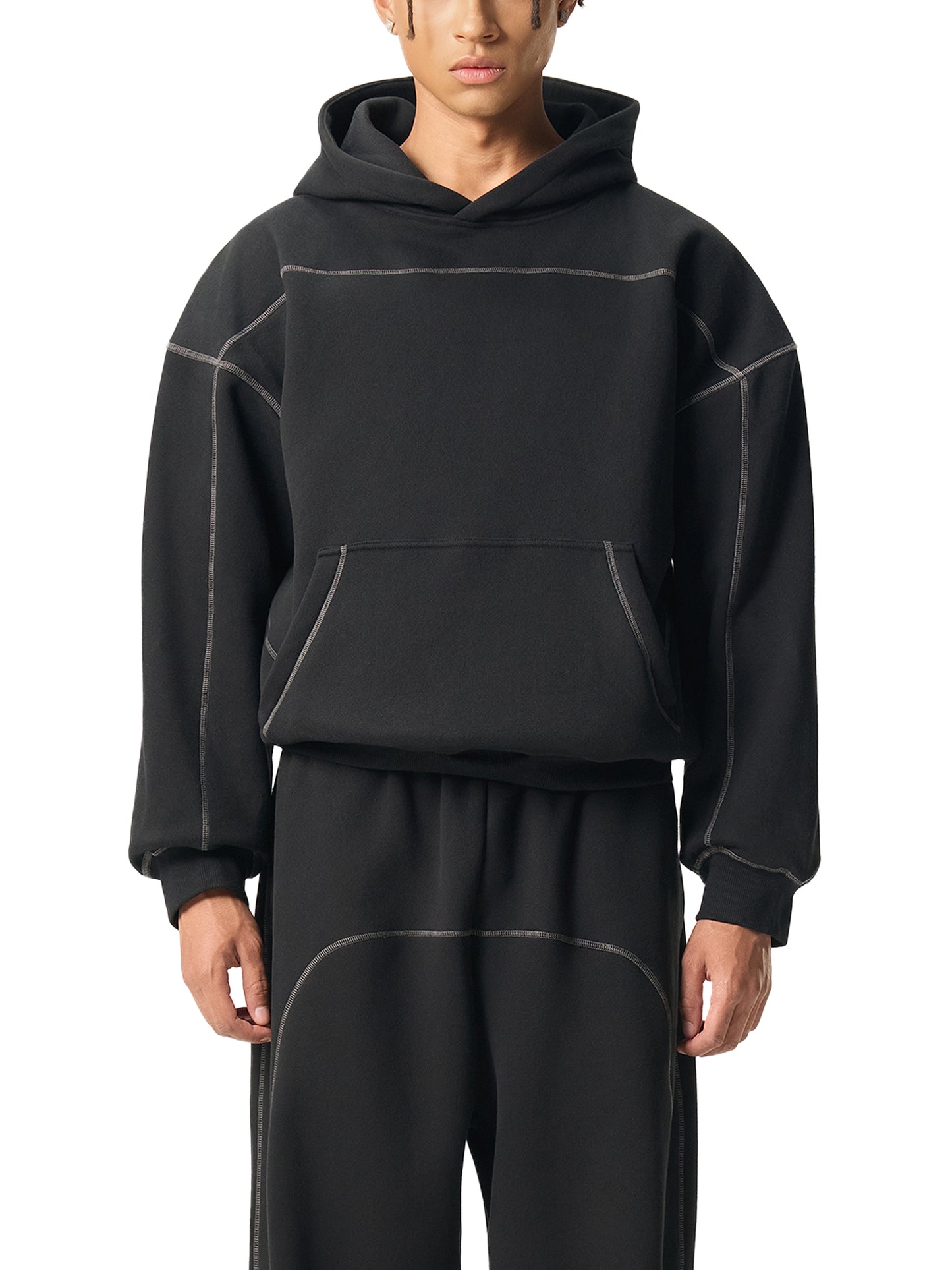 Men's Contrast-Stitched Boxy Fleece Hoodie