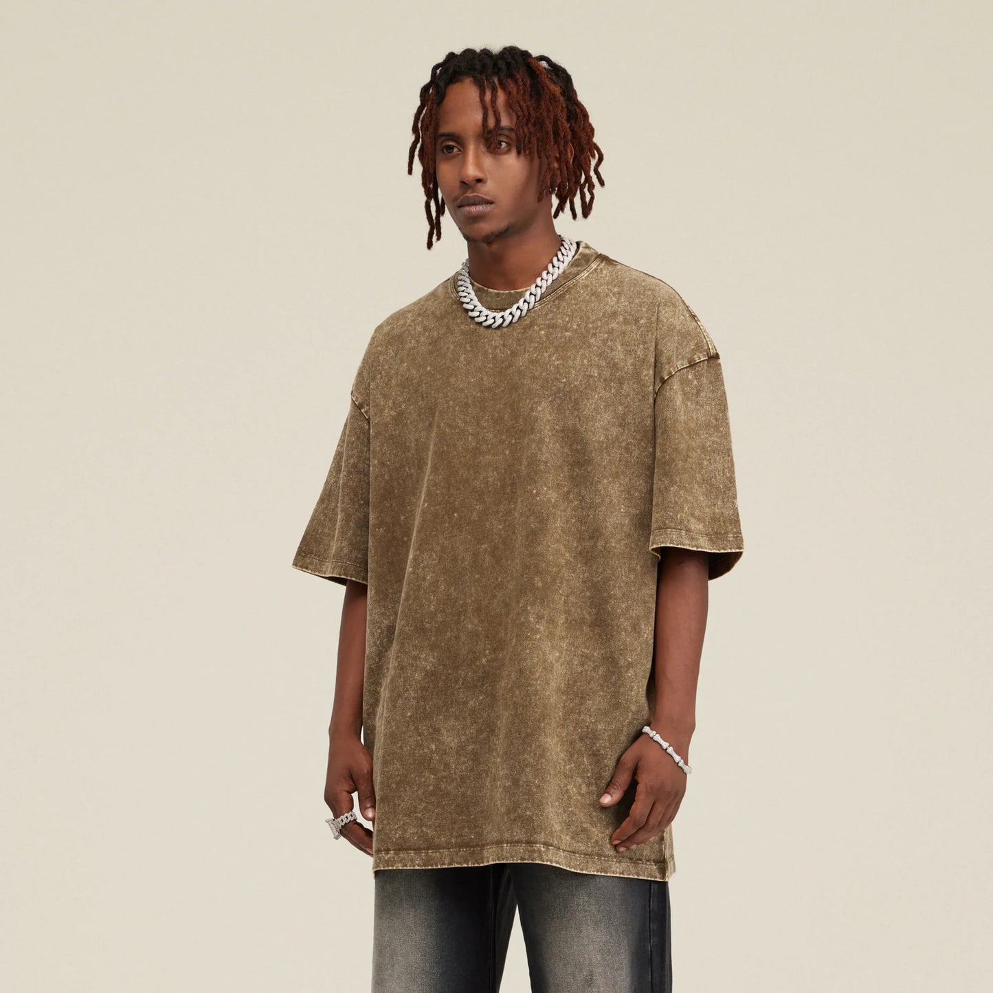 Men's Oversized Snow Wash T-Shirt - Vintage Cotton Crew Neck Tee - TeeVoke