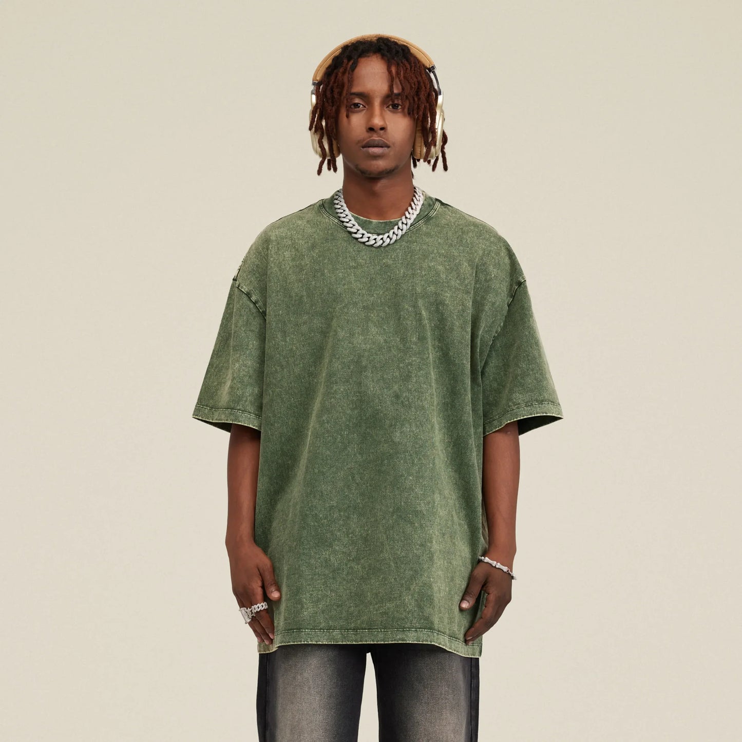 Men's Oversized Snow Wash T-Shirt - Vintage Washed Crew Neck Cotton Tee - TeeVoke