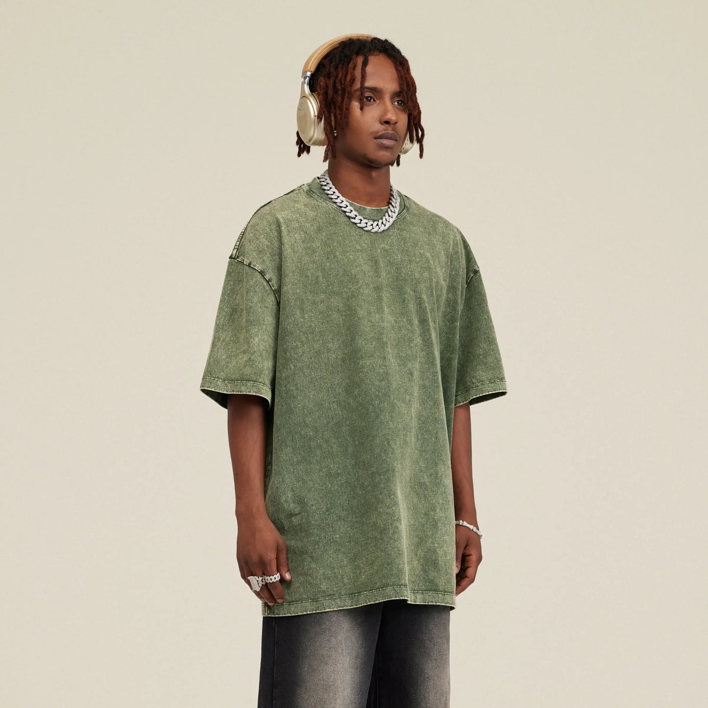 Men's Oversized Snow Wash T-Shirt - Vintage Washed Crew Neck Cotton Tee - TeeVoke