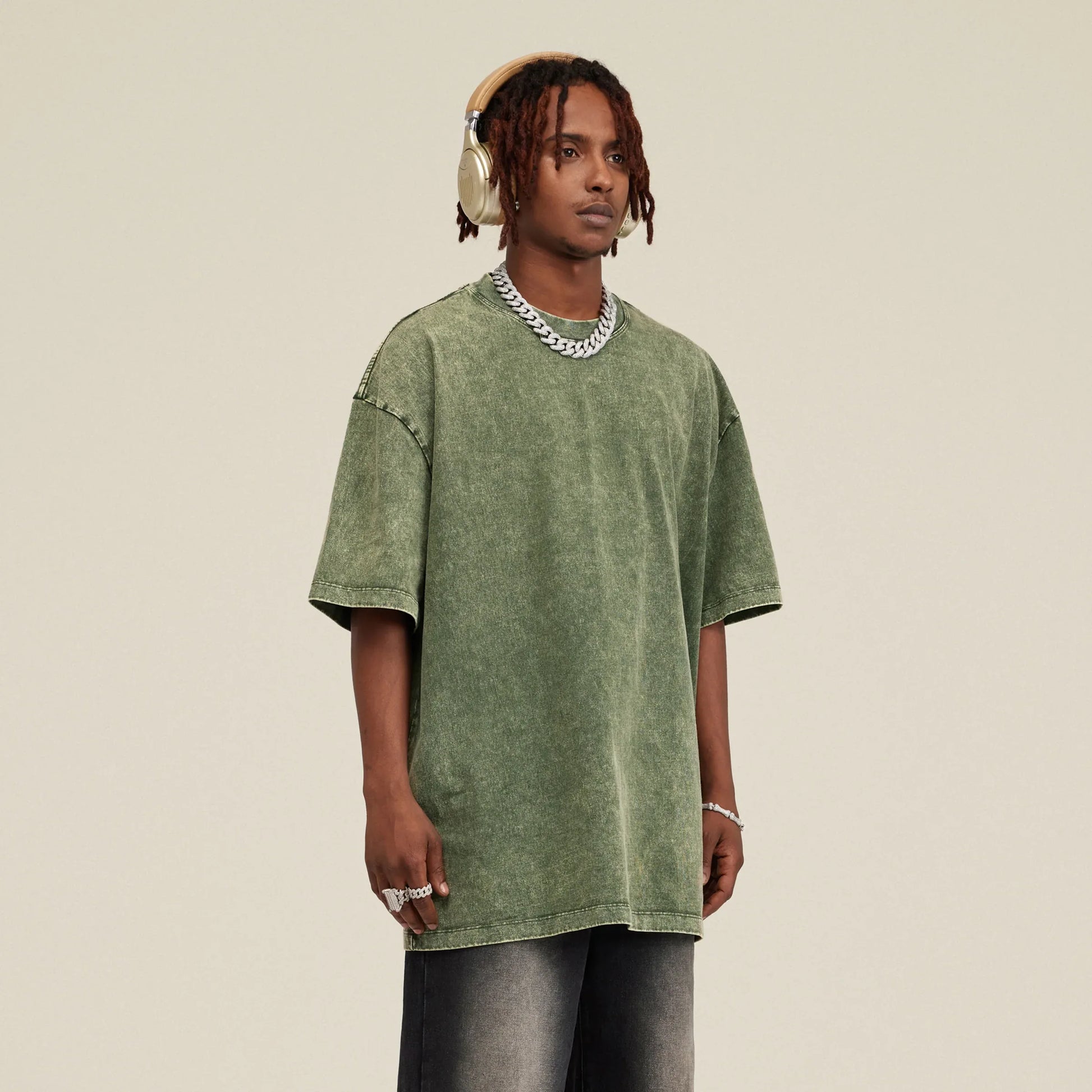 Men's Oversized Snow Wash T-Shirt - Vintage Washed Crew Neck Cotton Tee - TeeVoke