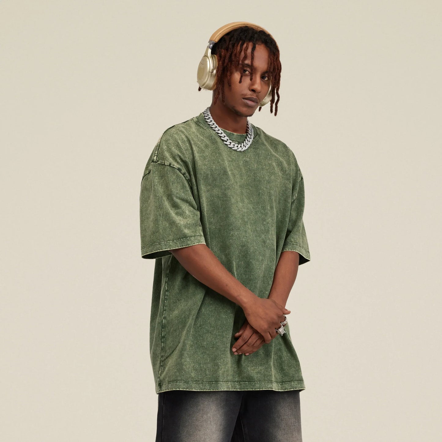 Men's Oversized Snow Wash T-Shirt - Vintage Washed Crew Neck Cotton Tee - TeeVoke