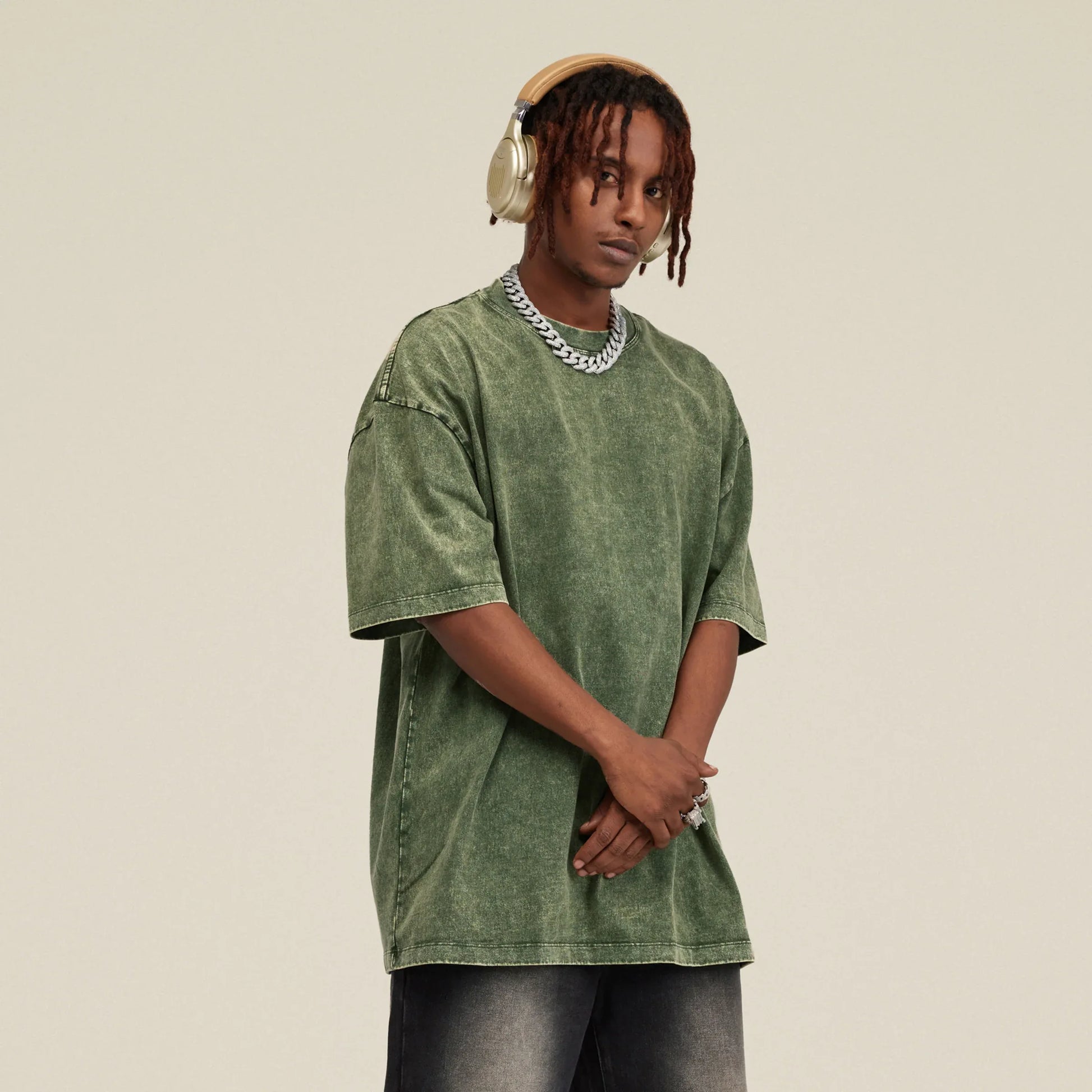 Men's Oversized Snow Wash T-Shirt - Vintage Washed Crew Neck Cotton Tee - TeeVoke